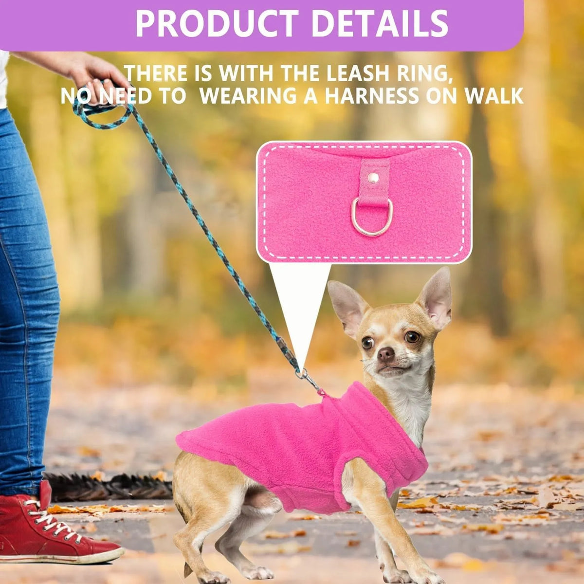 2 pack fleece dog sweater with leash ring, turtleneck pullover for small dogs, S to XL