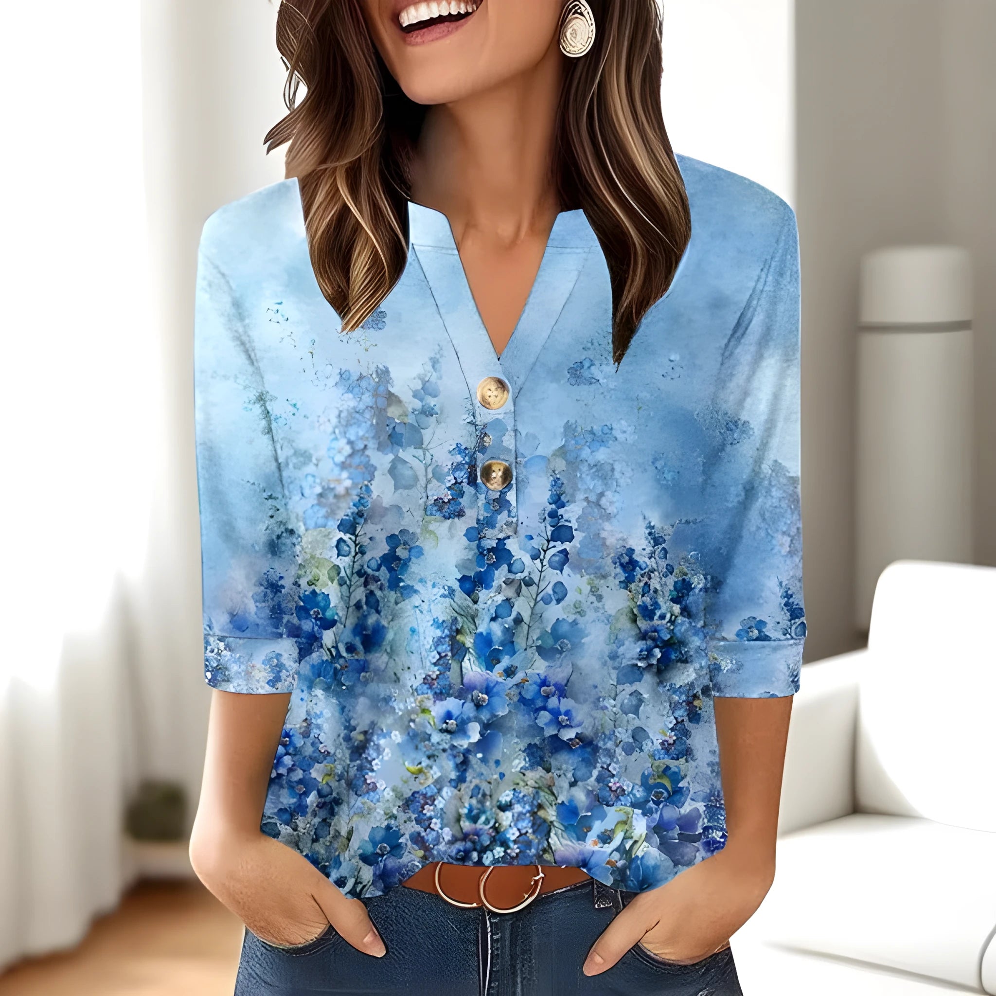 Women's loose-fit casual V-neck t-shirt with a 3D effect printed pattern.