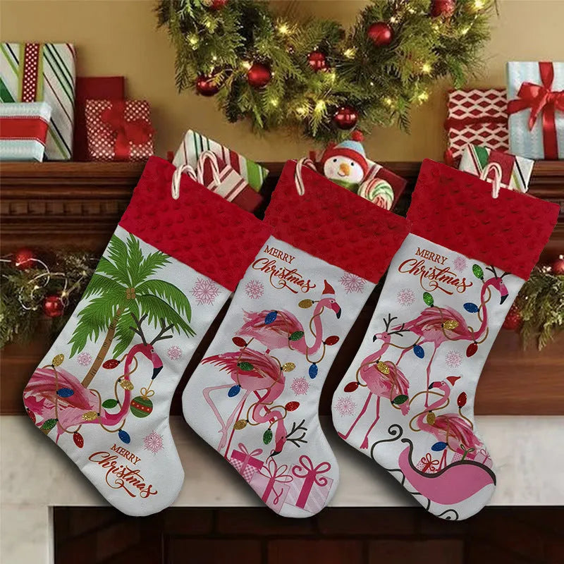Flamingo-themed cloth Christmas stocking decoration measuring 46 by 28 centimetres