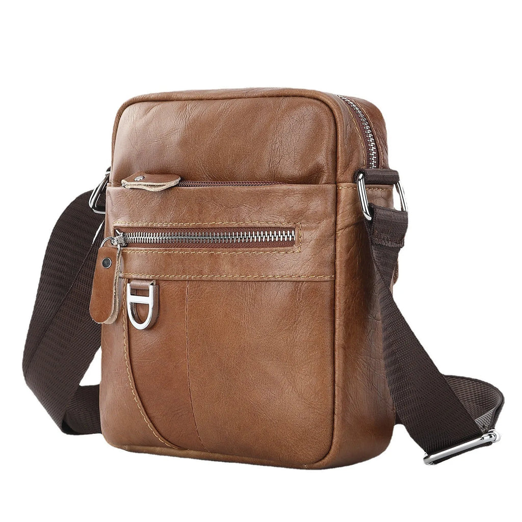 Black and brown 8-inch genuine cowhide leather crossbody messenger bag for boys with retro style.