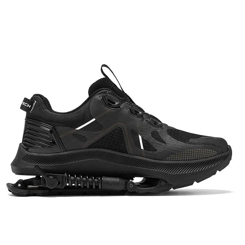 Black mid-top running shoes with buckle fastening and mesh upper design