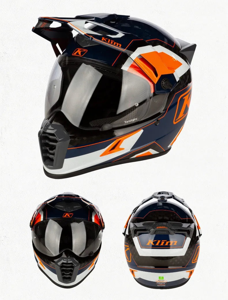 Rally Orange full-face off-road motorcycle helmet with carbon fibre shell and colour-changing lens size S