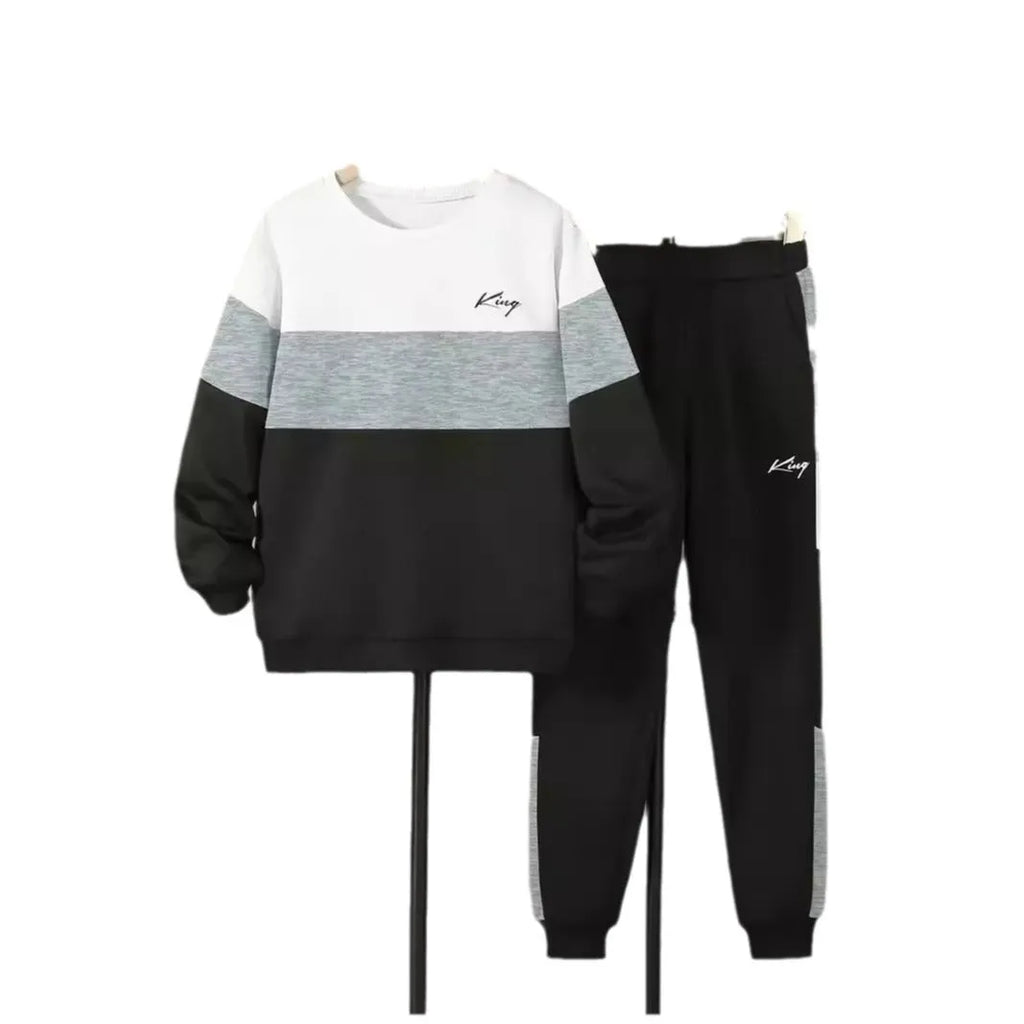 Design Sense multicolor boys hoodie and pants two piece set with various patterns on white background