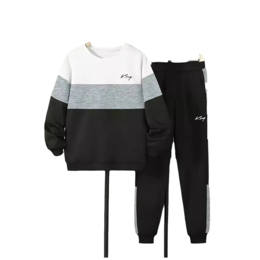 Design Sense multicolor boys hoodie and pants two piece set with various patterns on white background