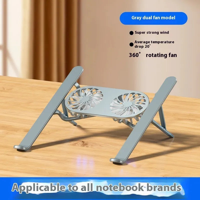Silver aluminium laptop cooling stand with twin fans and adjustable height, shown folded next to storage bag and USB cable.