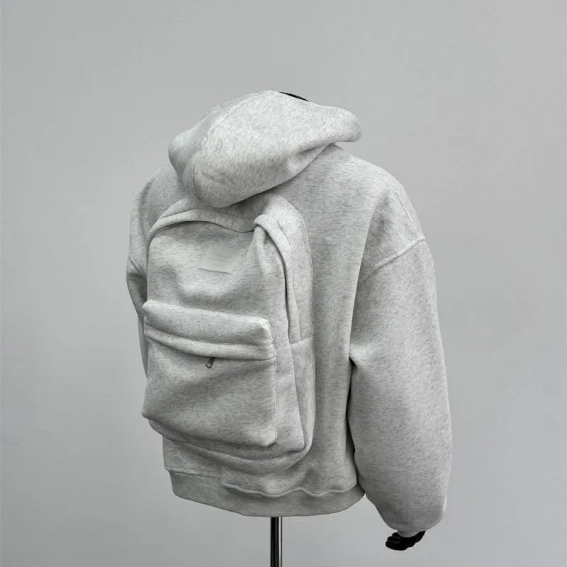 Men's grey hoodie jacket with back schoolbag design detail showing front and back views