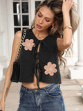Women's sleeveless lace-up cardigan vest in deer plush fabric with bow detail and apricot flowers