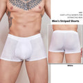 Men's black striped nylon underwear, thin and lightweight briefs laid flat.