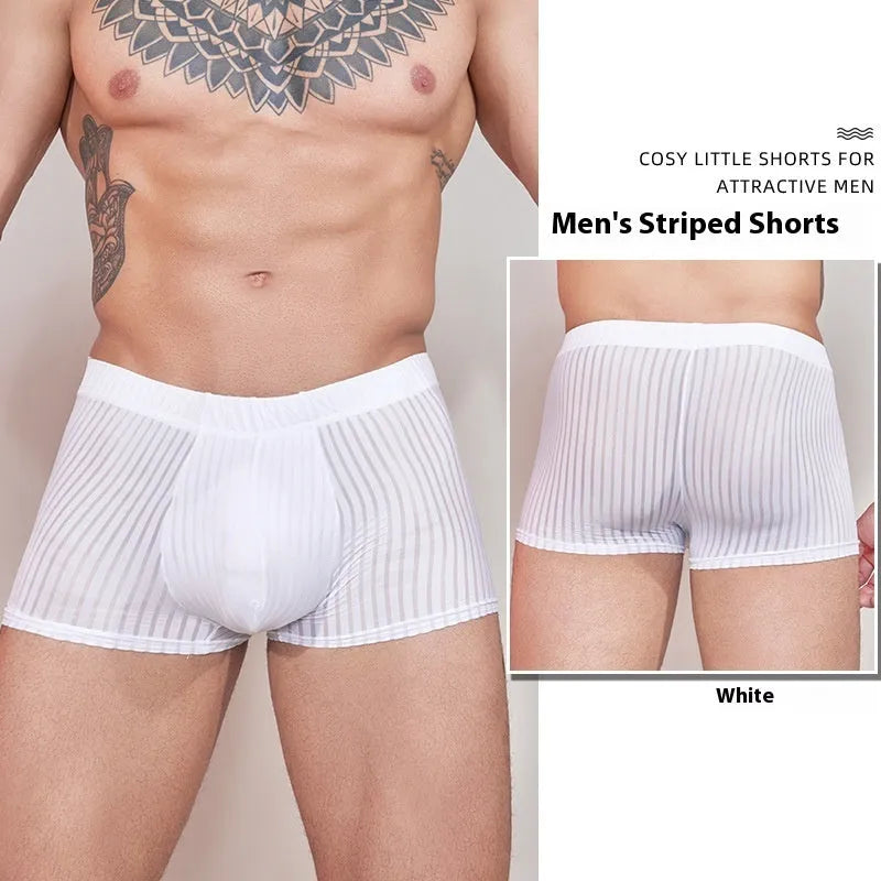 Men's black striped nylon underwear, thin and lightweight briefs laid flat.