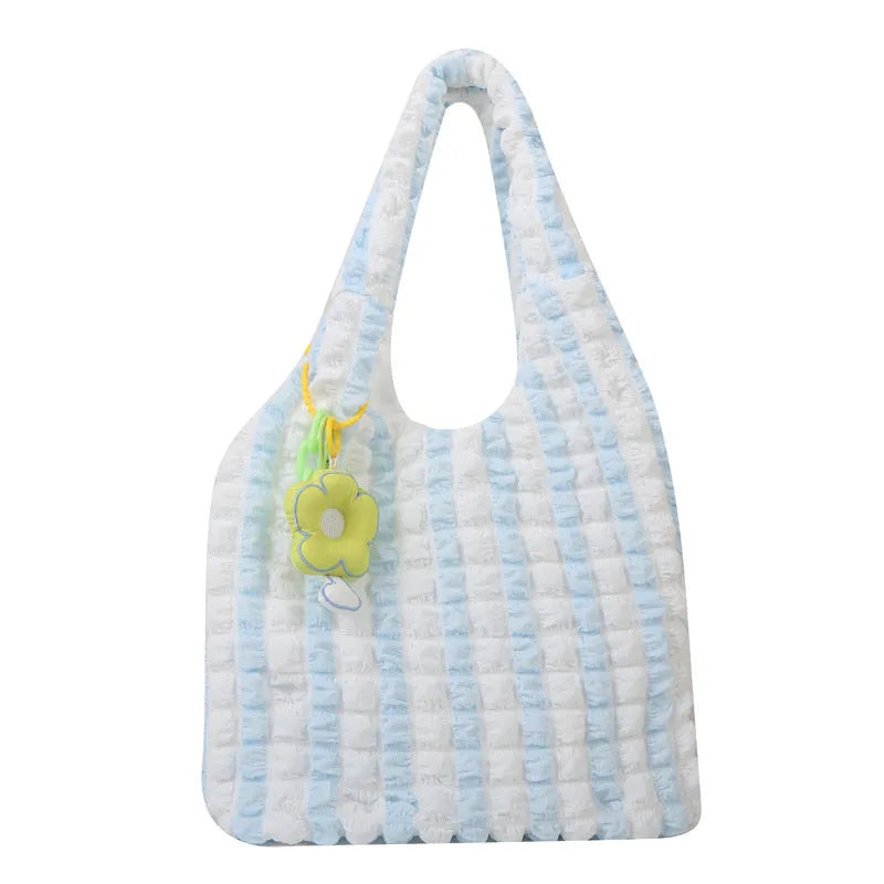 Women's pleated bubble crossbody handbag in soft polyester with pendant accessory