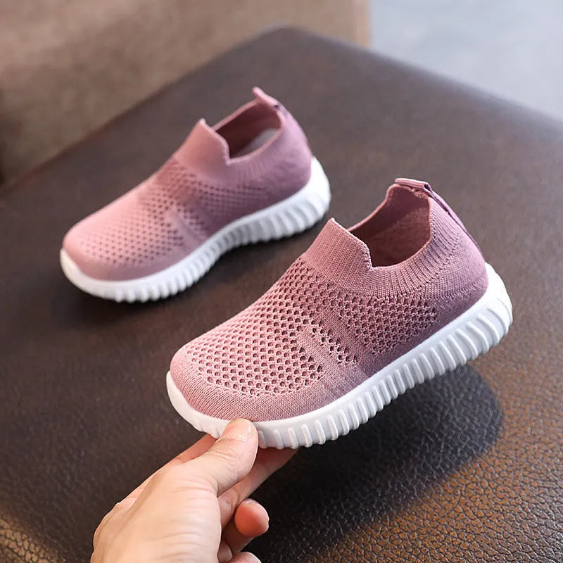 Multicolor knitted fabric kids sneakers with breathable upper, plastic sole, sizes 22-33