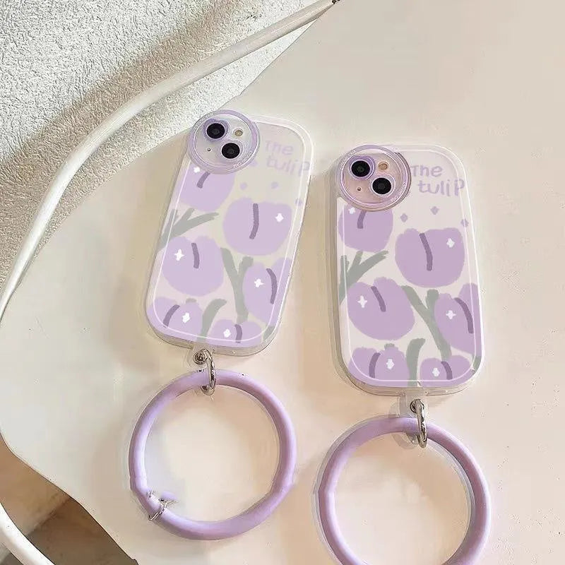 Purple tulip transparent ring phone case with matching bracelet for iPhone