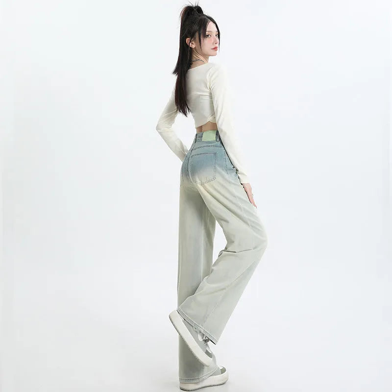 Women's gradient blue straight-leg jeans in cotton denim with wide leg opening