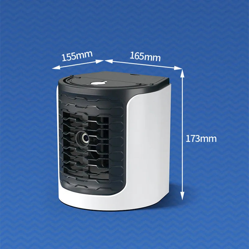 Desktop air conditioning fan in white or green, 16 x 15.5 x 17.3 cm, with 150ml water tank and USB cable