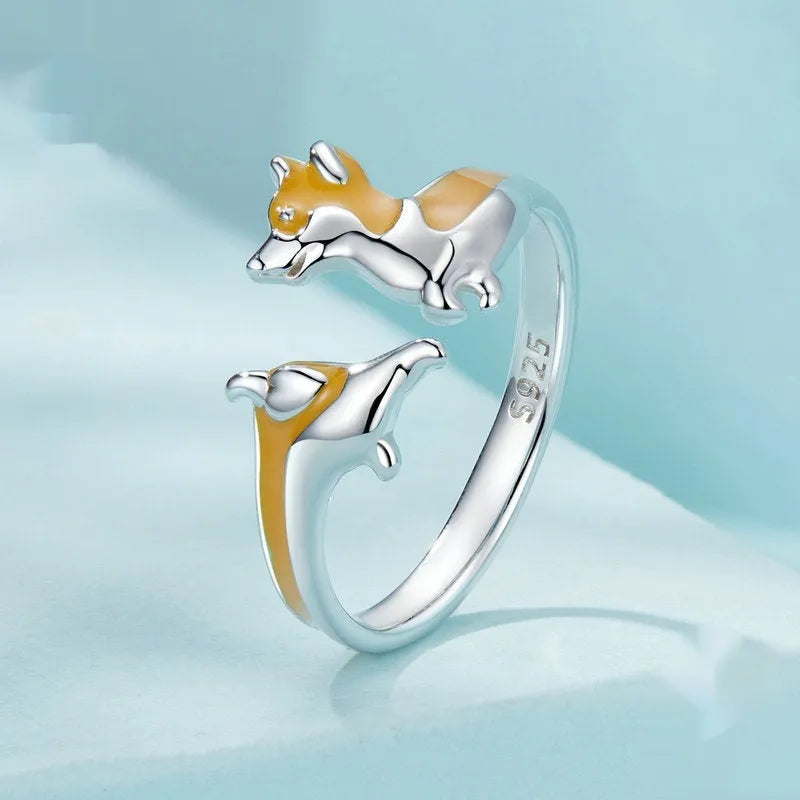 Silver cartoon corgi ring for women with electroplated finish, model SCR1014-E.