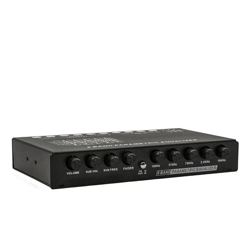 Black car audio equaliser with control knobs for subwoofer volume and frequency adjustment