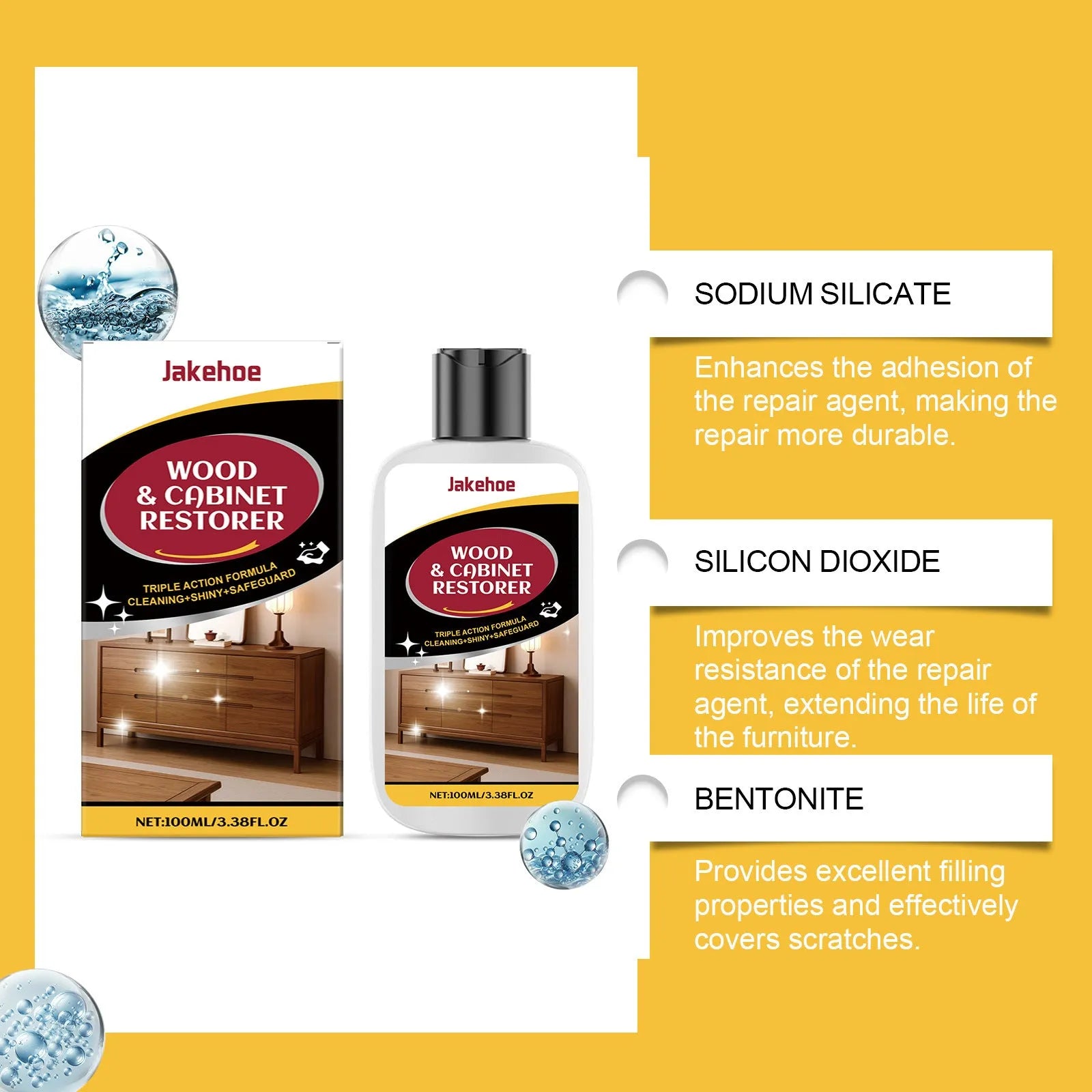 Wooden furniture scratch care kit with 100ml bottle and microfiber towel for surface maintenance