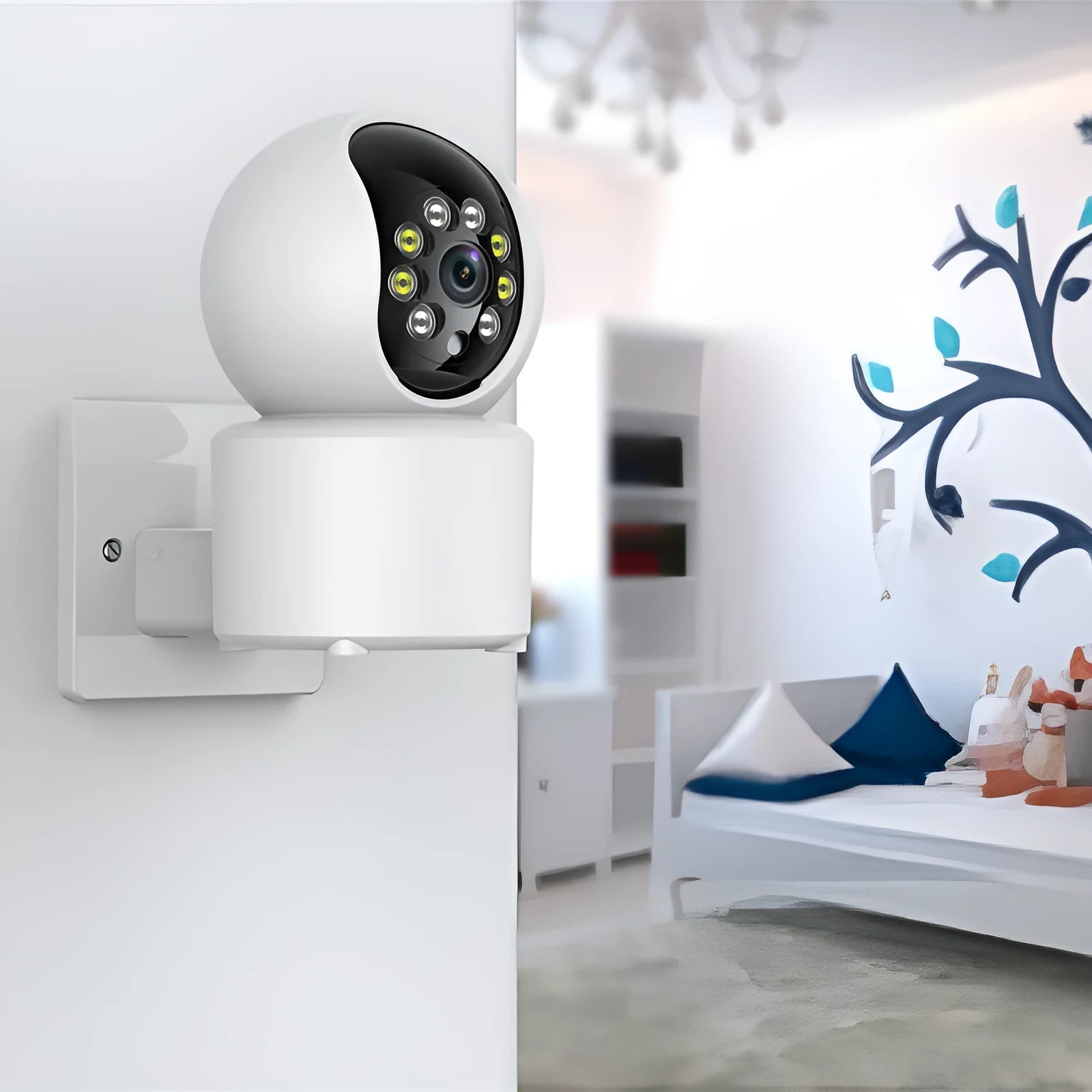 White wireless indoor security camera with 360-degree rotation and full-colour night vision capabilities