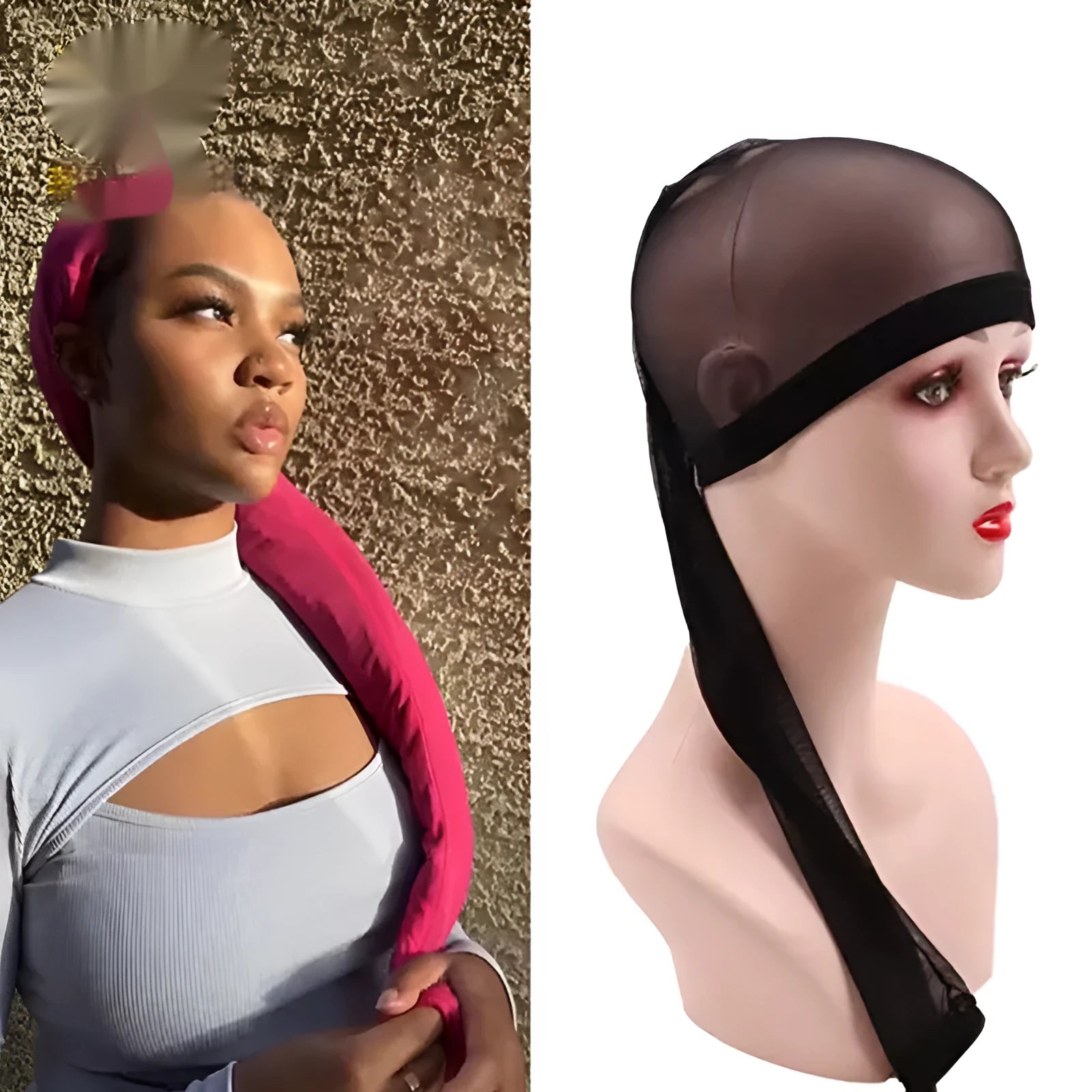 Adjustable mesh wig cap in spandex material showing oversleeve design for custom fit