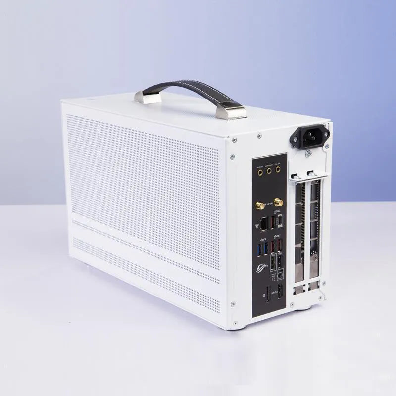 Hummingbird PRO ITX desktop computer chassis in titanium grey or white metal finish.