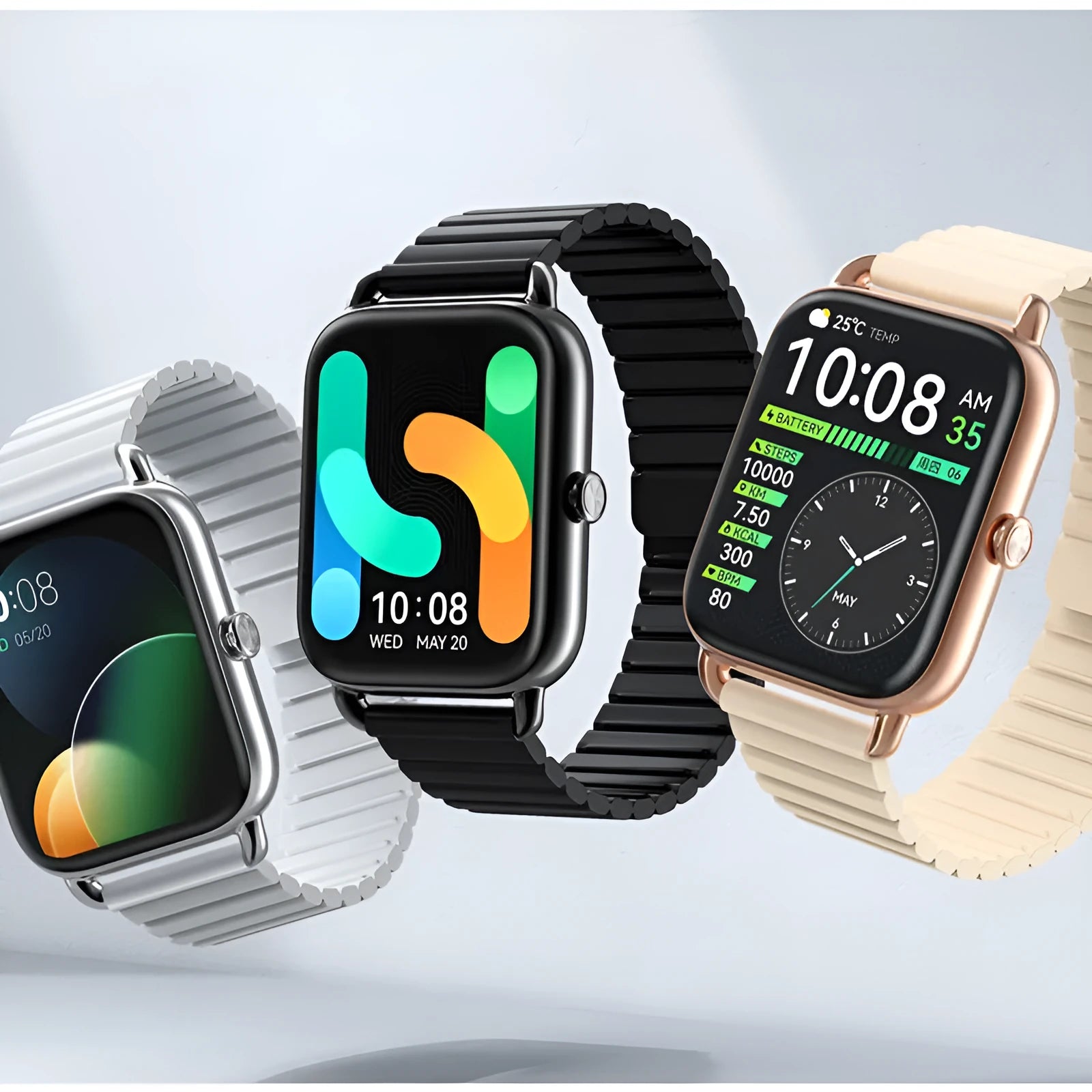 HAYLOU RS4 Plus smart sports watch with AMOLED display shown in black, silver, and champagne colours.