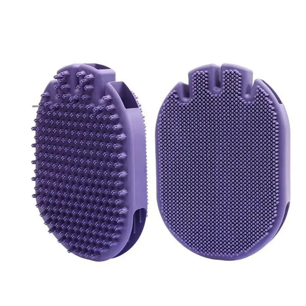 Purple dual-sided pet massage shampoo brush with soft TPR bristles and ergonomic handle