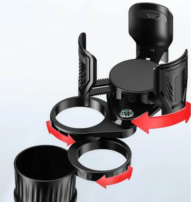 Black adjustable rotating car drink holder with retractable base on a car dashboard.