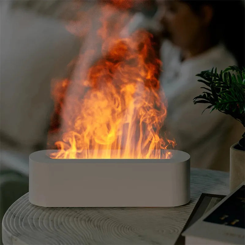 White square flame aroma diffuser with LED fire effect and ultrasonic humidifier function