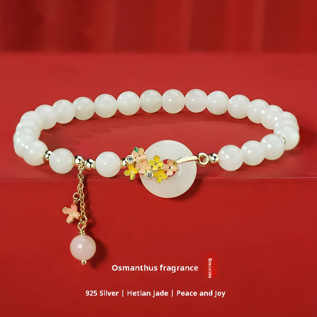 Osmanthus style sterling silver bracelet with inlaid 6mm natural Hetian jade gemstone and peace buckle clasp