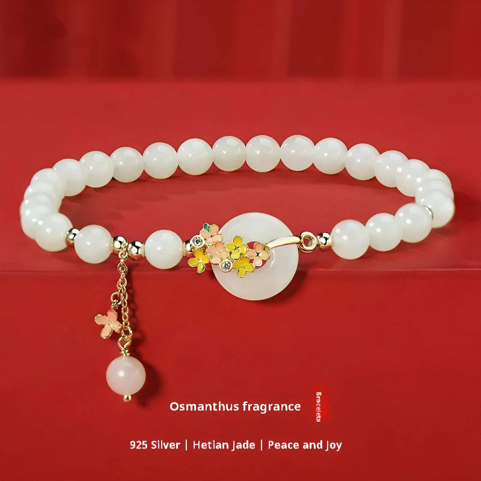 Osmanthus style sterling silver bracelet with inlaid 6mm natural Hetian jade gemstone and peace buckle clasp