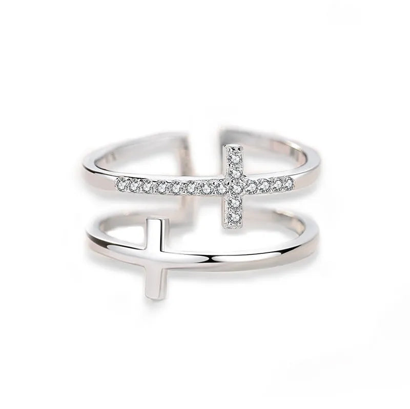 Women's adjustable copper ring with geometric design, white gold finish, and zircon gem inlay.