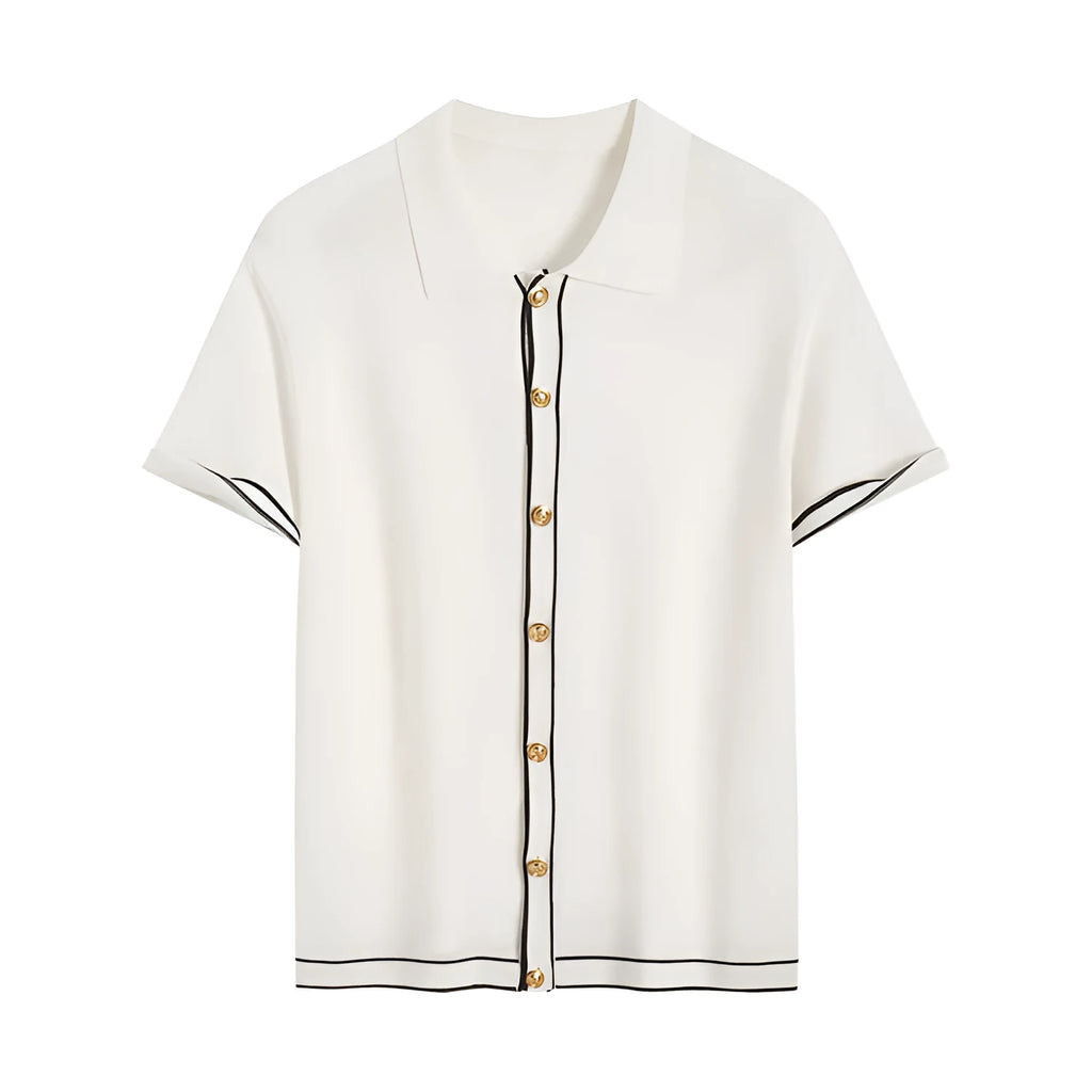 White short sleeve women's cardigan with a dark contrast lapel collar, shown open front.