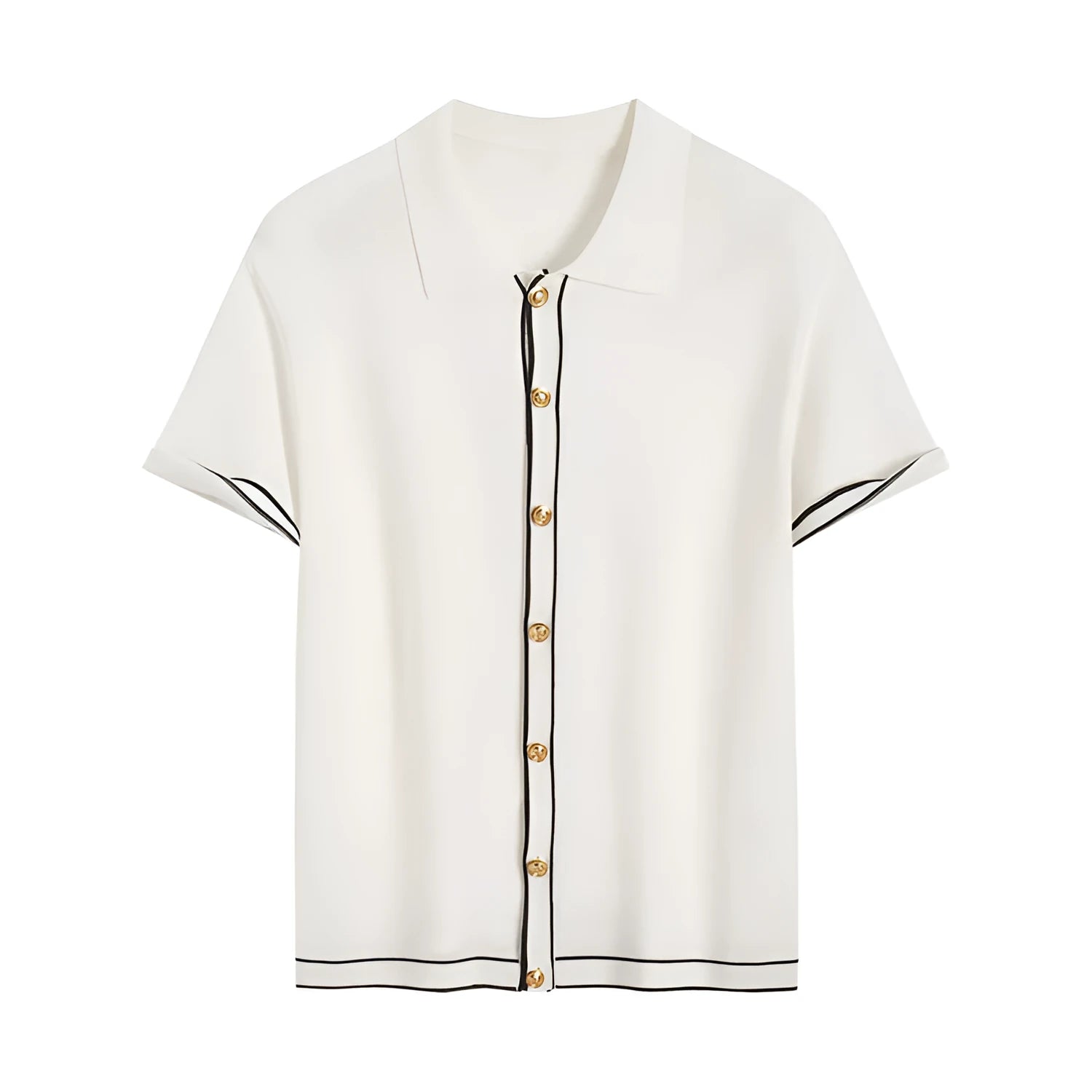 White short sleeve women's cardigan with a dark contrast lapel collar, shown open front.