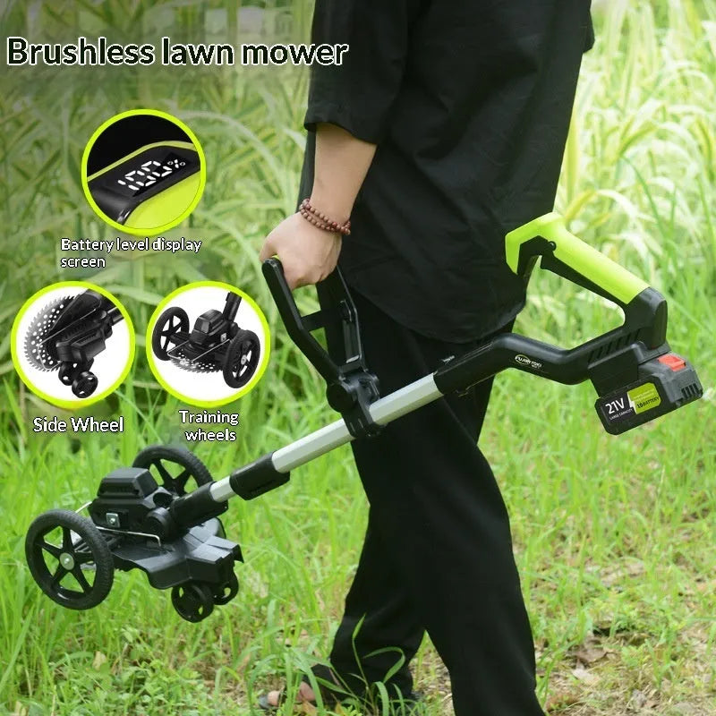 Electric brushless lithium battery portable garden lawn mower with steel and aluminium construction and multi-wheel assistance