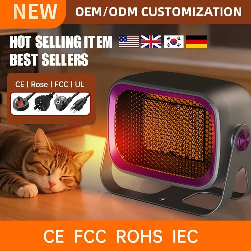 Compact white desktop ceramic heater with control buttons and air vent
