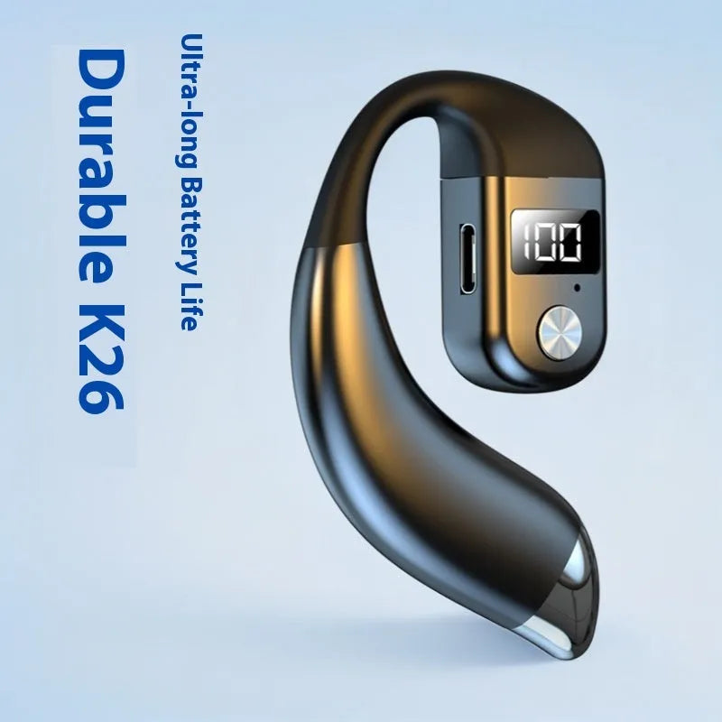 Digital display Bluetooth earphone, over the ear single ear design, black or blue, ABS waterproof body