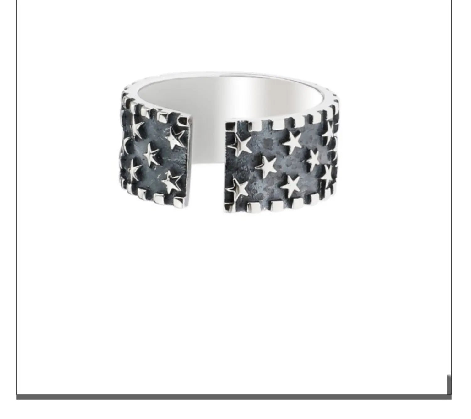 Adjustable opening sterling silver ring with a multi five-pointed star geometric pattern.