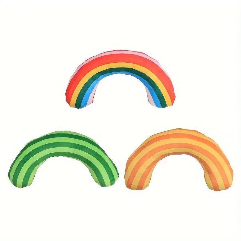 Striped pattern cat pillow toy with noise feature and catnip strip in green, rainbow and yellow colour options