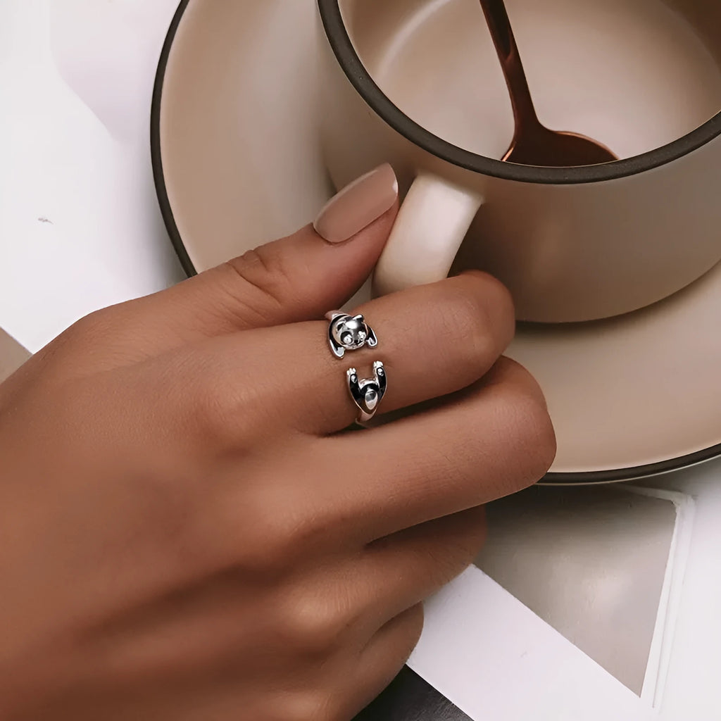 Sterling silver adjustable panda open ring bracelet with white gold plating and cute animal charm
