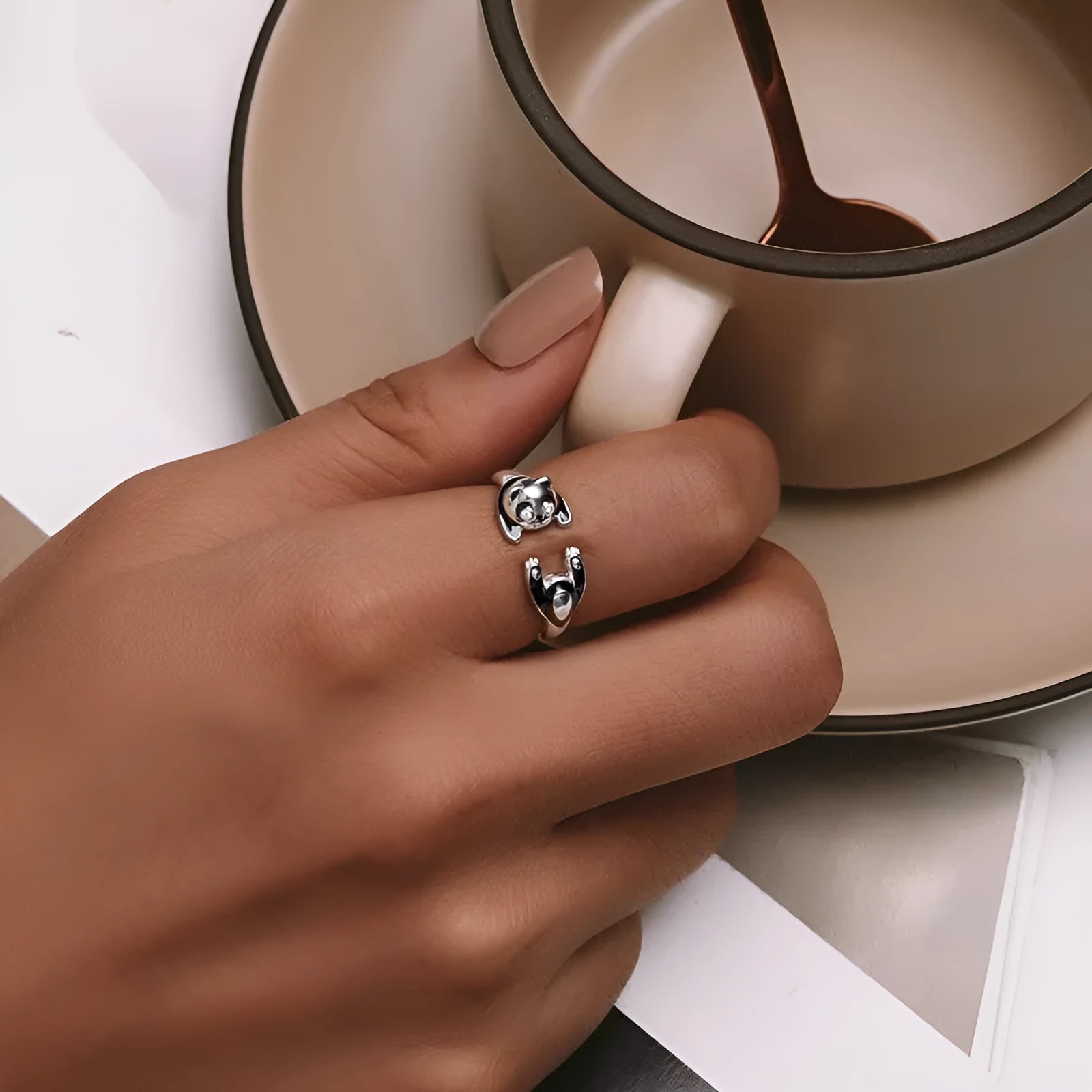 Sterling silver adjustable panda open ring bracelet with white gold plating and cute animal charm