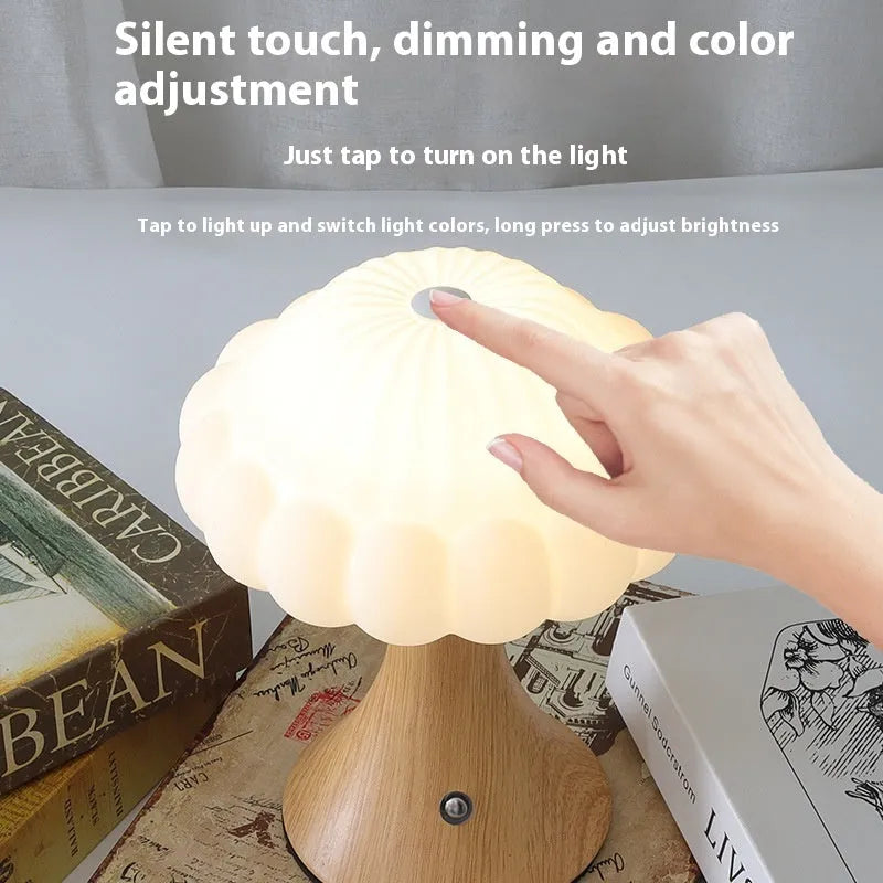 Wood grain mushroom-shaped night light with touch control and USB charging
