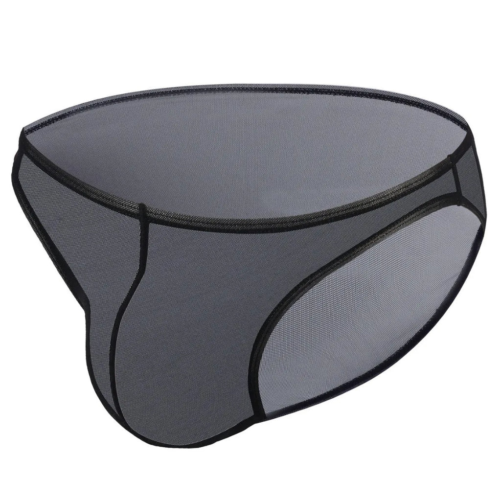 Men's black Ice Silk low-waist briefs made from quick-drying nylon fabric.