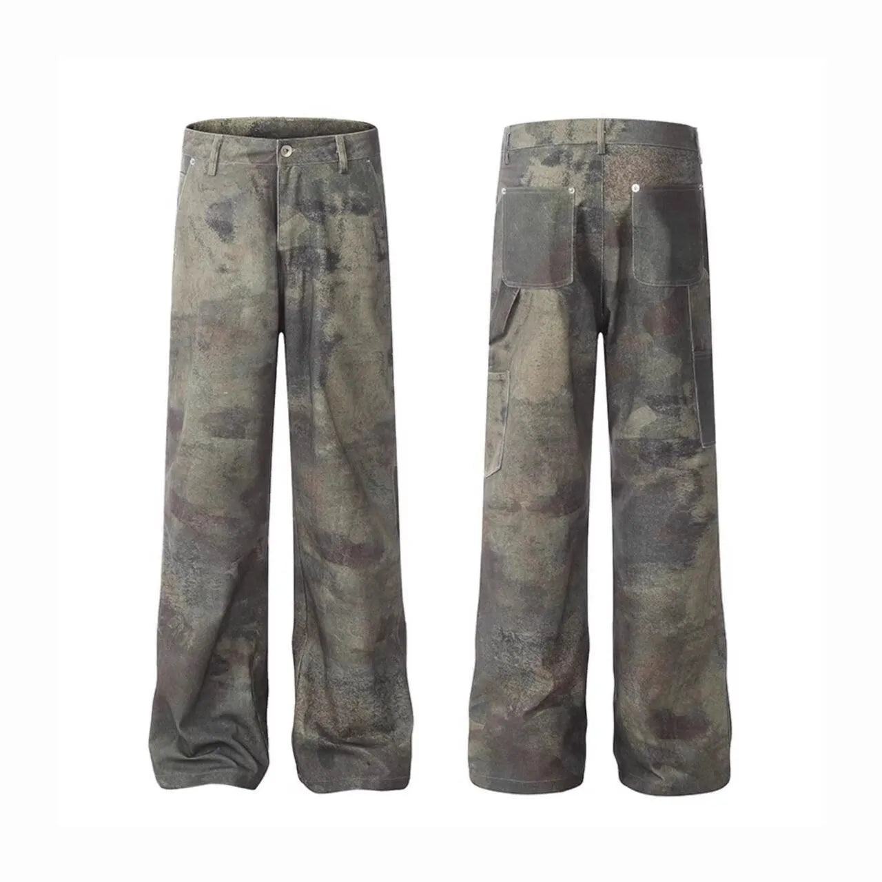 Men's straight leg jeans with a retro digital camouflage print on blue denim.
