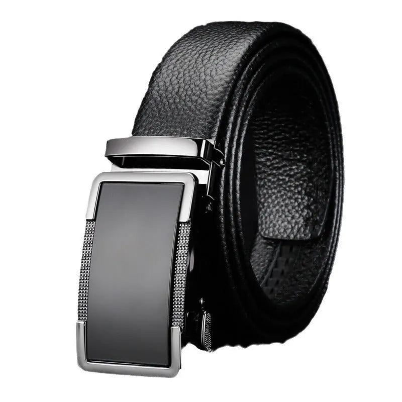 Men's leather belt with an automatic comfort click buckle in a choice of gun black, silver, or gold colours.