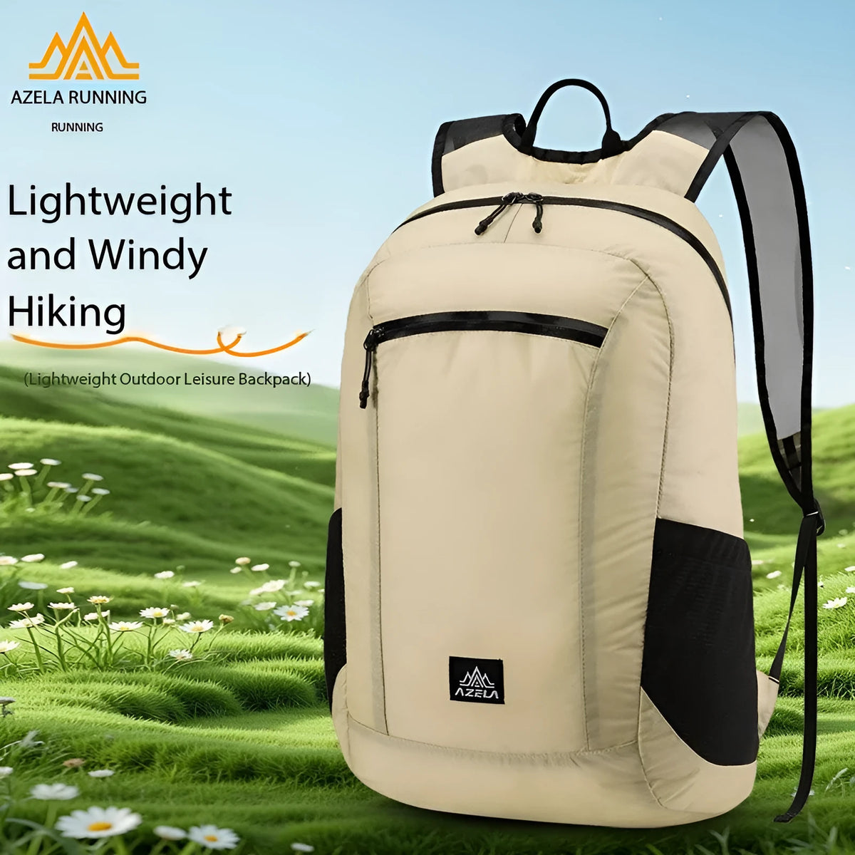 AZELA lightweight hiking backpack in white with multiple pockets and breathable mesh straps, outdoor travel daypack