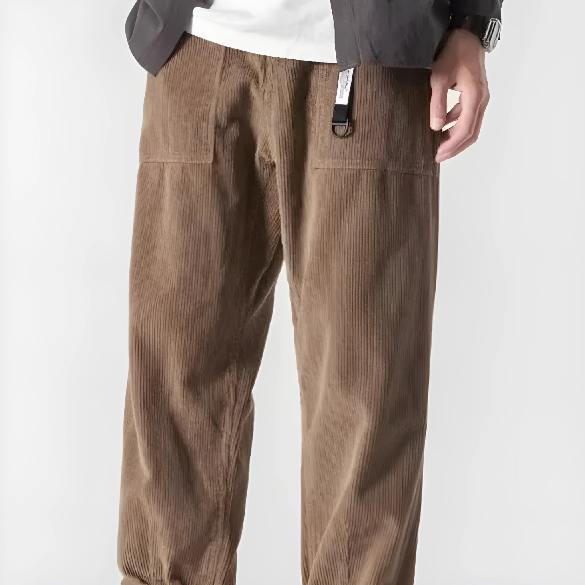 Loose straight tapered trousers with wide legs in dark grey, black, and khaki colours