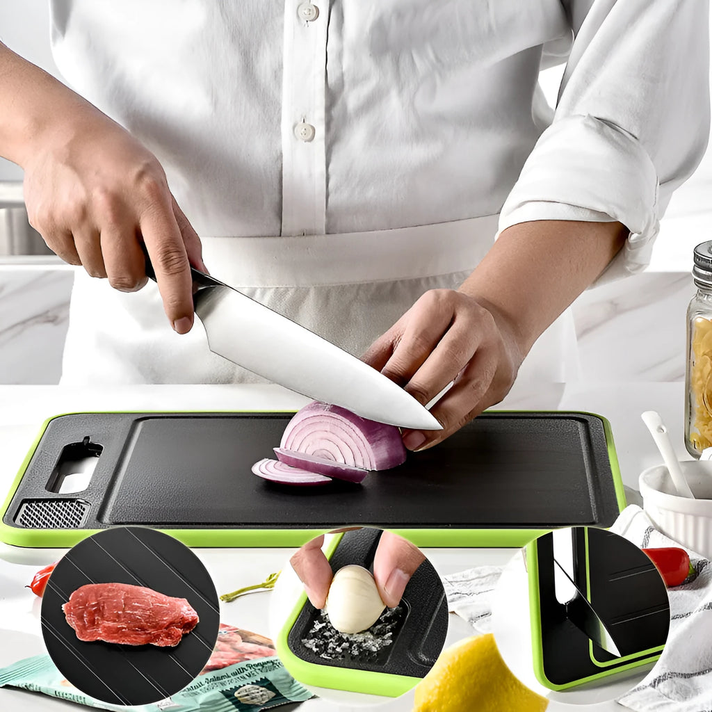 Square grey aluminium cutting board with double-sided design showing grinding teeth and integrated knife sharpener