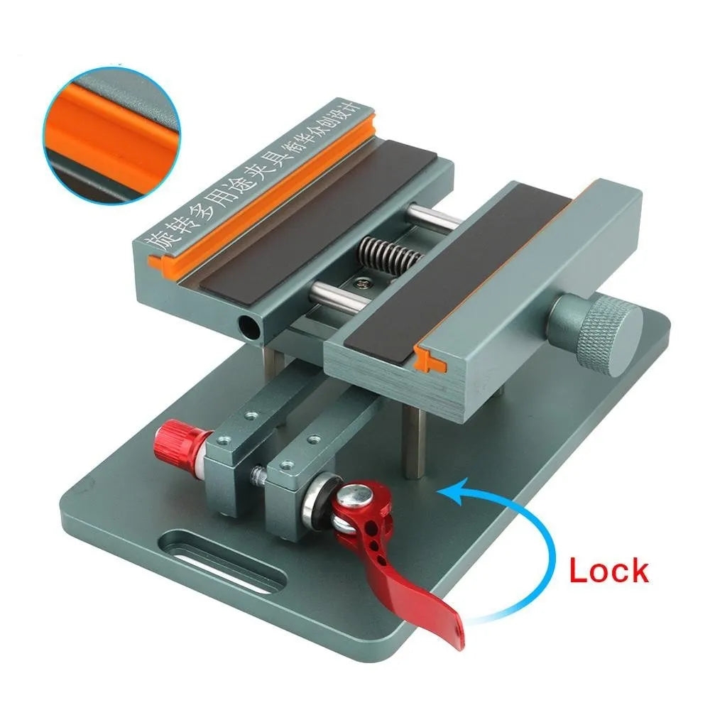 Mobile phone repair fixture showing adjustable mechanism and demolition crowbar for device maintenance
