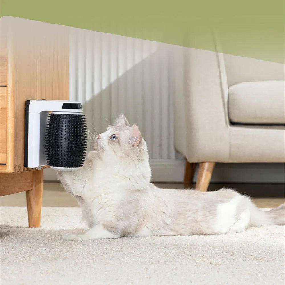 White automatic cat self-grooming brush mounted on a wall corner with soft silica gel bristles.