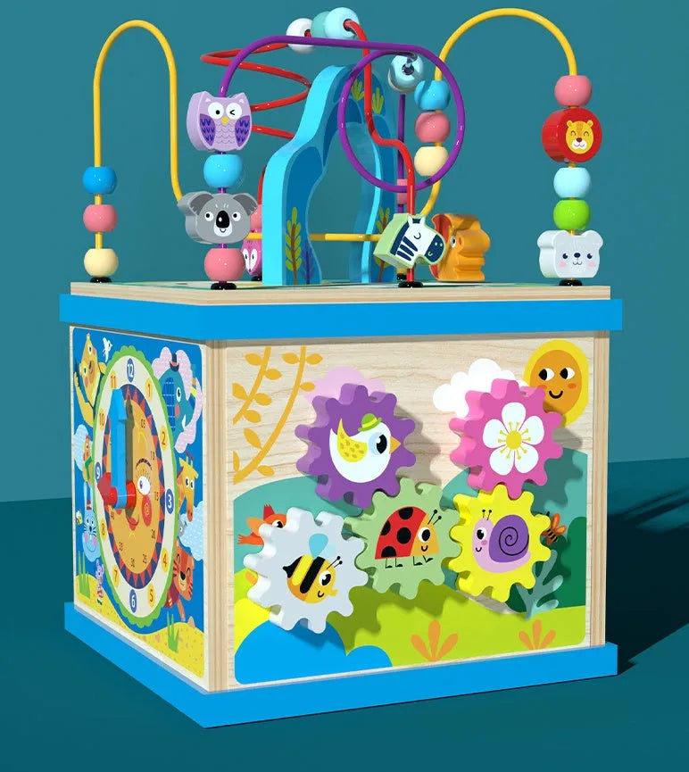 Blue wooden bead treasure box toy measuring 23x23x32cm with multiple play scenes